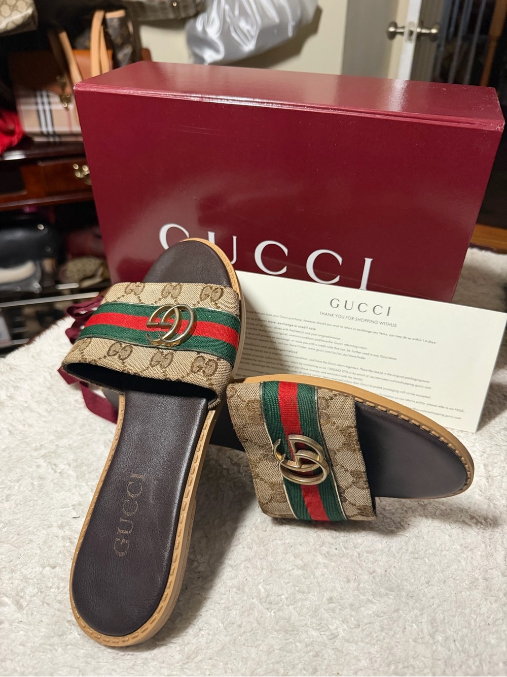 Gucci Beige GG Canvas Slippers with Red & Green Web and Gold Double G - Picture 6 of 6